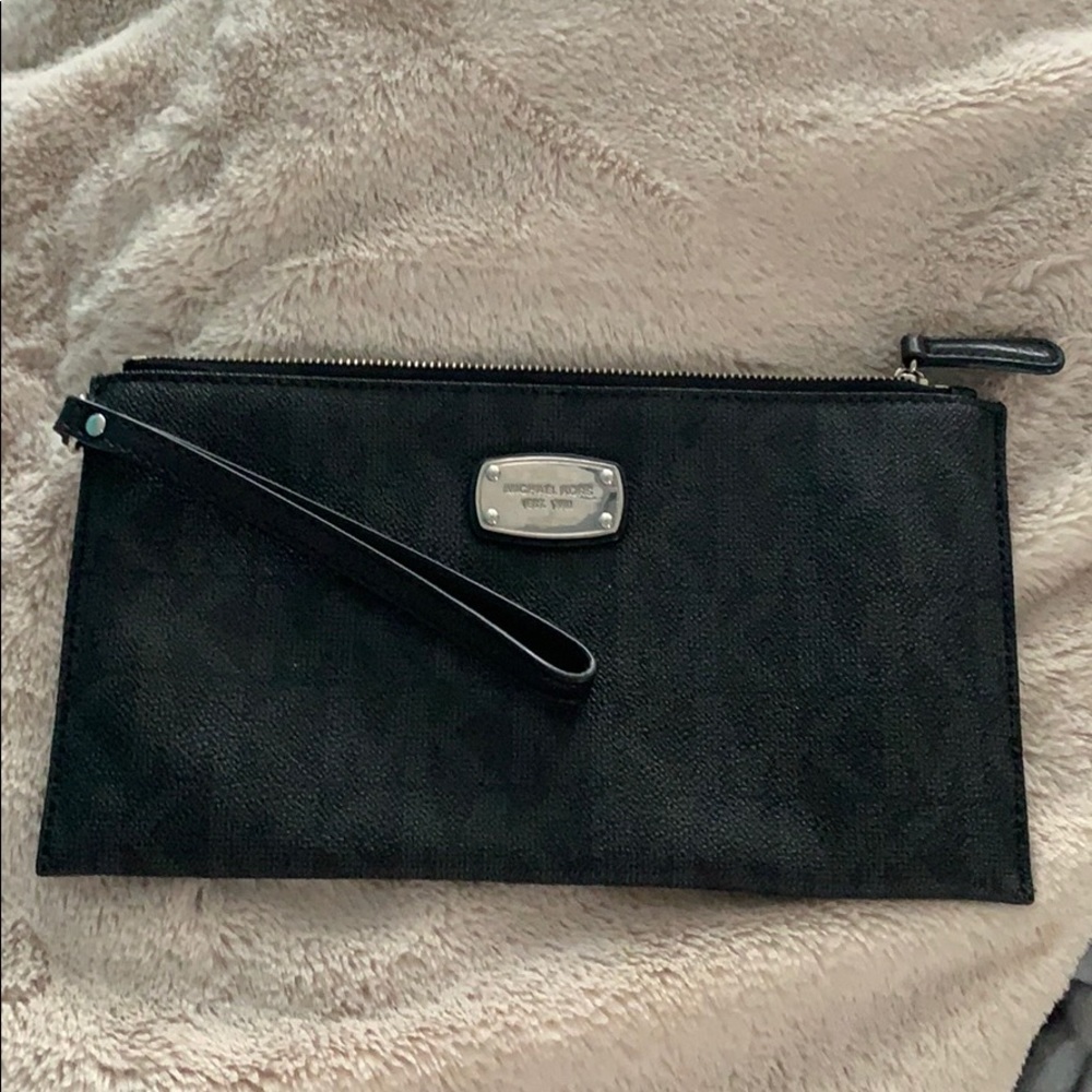 Michael Kors Black Leather Wristlet Clutch with Silver Logo Plate